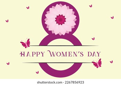 Happy women's day greeting card design. Women's day poster design with butterfly frame. 8th march girls day background design. Vector illustration