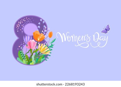 Happy women's day greeting card. 8 march women's day poster or banner with big number eight and lettering, spring flowers and leaves on purple background.