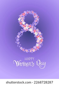 Happy women's day greeting card. 8 march women's day poster or banner with big number eight and lettering, spring flowers and leaves on purple background.