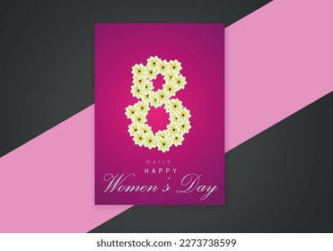 Happy womens day greeting card, 8 march. Stylish handwritten text sign on spring flowers in 8 shape on pink paper flat lay. International womens day