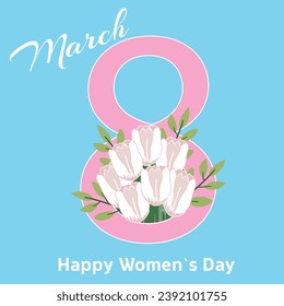 Happy Women's Day greeting card. Postcard on March 8. Stylish Spring banner with beautiful colorful tulips. For template, banners, wallpaper, flyers, invitation, posters, brochure, voucher discount.