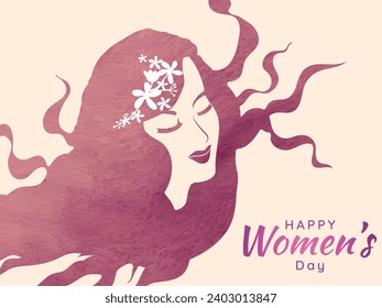 Happy Women's Day Greeting Card Design with Beautiful Young Woman Face and Flying Hair Against Background.