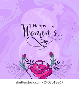 Happy Women's Day Greeting Card with Silhouette 8 Number, Female Gender Sign and Rose Floral on Pastel Purple Liquid Marble Texture Background.