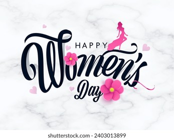 Happy Women's Day Greeting Card with Paper Flowers, Pink Silhouette Modern Female Standing on White Marble Texture Background.