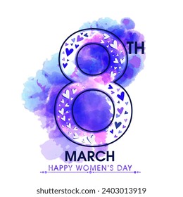 Happy Women's Day Greeting Card with March of 8 Number in Hearts Pattern and Watercolor Effect on White Background.