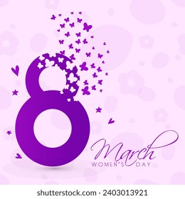 Feliz Día de la Mujer Diseño de Tarjeta de Saludo con Marzo de Dispersión Efecto 8 Numero, Mariposas Voladoras, Corazones Decorados con Fondo Pastel Rosa.