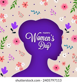 Happy Womens Day Greeting Card Design with Purple Silhouette of Young Woman against Floral Background.