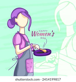 Happy Women's Day Greeting Card with Faceless Young Girl in Apron During Cooking on Sea Green Background.