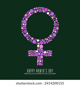 Happy Women's Day Greeting Card or Poster Design with Creative Female Gender Sign on Green Dotted Pattern Background.