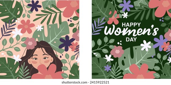 Happy Women's Day Greeting Card with Flowers and Leaves, 2 pc,Vector illustration of two pieces, flat style, young girl in flowers and tropical leaves.