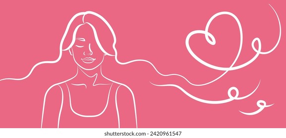 Happy Women's Day greeting card illustration. A continuous line draws a female silhouette. A young beautiful girl gathered for an international women's event on March 8. Vector illustration.