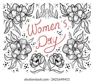 Happy Women's Day greeting card design with black and white flowers on white background. Cute postcard for 8 March.