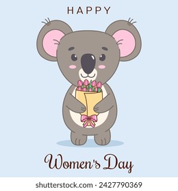 Happy women's day greeting card with cute koala bear holding bouquet of flowers