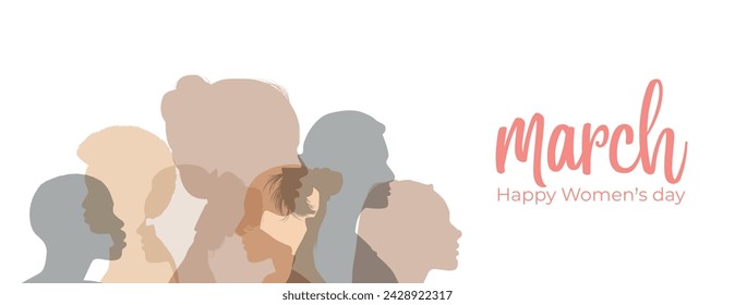 Happy Womens Day greeting card design with multiethnic girls silhouette