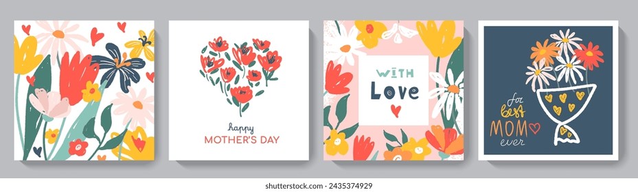 Happy Women's Day greeting card set. Cute spring backgrounds with flowers, leaves, plants. Colorful hand drawn vector illustrations for social media post, banner design, postcards