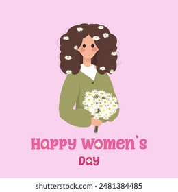 Happy Womens Day greeting card. Cute girl with a beautiful daisy bouquet for women's holiday and on her hair delicate daisies