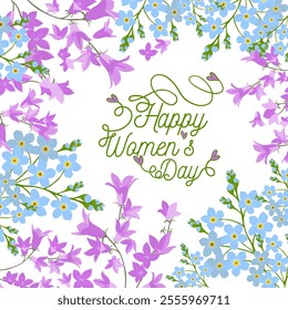 Happy women's day greeting card. Postcard on March 8 with flowers. Hand drawn. Not AI, Vector illustration.