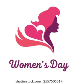 Happy Women's Day greeting card with a woman’s face design on a pink background. Features text 8th March International Women's Day. Ideal for gift cards and celebration themes.