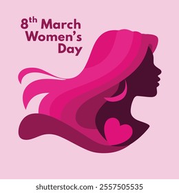 Happy Women's Day greeting card with a woman’s face design on a pink background. Features text 8th March International Women's Day. Ideal for gift cards and celebration themes.