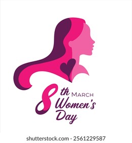 Happy Women's Day greeting card with a woman’s face design on a pink background. Features text 8th March International Women's Day. Ideal for gift cards and celebration themes.