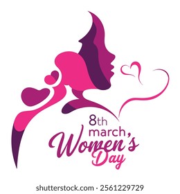 Happy Women's Day greeting card with a woman’s face design on a pink background. Features text 8th March International Women's Day. Ideal for gift cards and celebration themes.