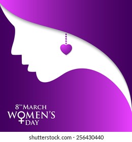 Happy Women's Day greeting card, gift card on purple background with design of a women face and text 8th March Internatinoal women day