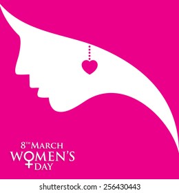 Happy Women's Day greeting card, gift card on pink background with design of a women face and text 8th March Internatinoal women day