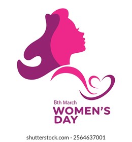 Happy Women's Day greeting card with a woman’s face design on a pink background. Features text 8th March International Women's Day. Ideal for gift cards and celebration themes.