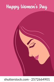 Happy Women's Day greeting card with beautiful woman. Face in profile close-up. Pink shades. Vector illustration.