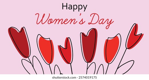 Happy Women's Day Greeting Card with Red Tulip Illustrations. Illustration of vibrant red tulips with a festive message, ideal for Women's Day celebrations. Set against a soft pink background.