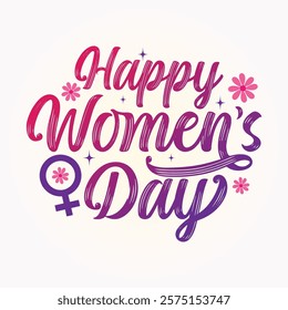 Happy women's day greeting card banner design to celebrate on March 8 Female holiday. International Women's Day text composition for wallpaper, cards, poster. Feminine hand lettering quote.