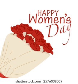 Happy Women's Day greeting card with red flowers and typescript. Hand drawn vector illustration with roses bouquet for greeting card, print, gift. Square composition banner