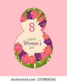 Happy Women's Day greeting card with colorful tulips on pink background. Floral Illustration for March 8 celebration. Feminine greeting card design. Vector Illustration.