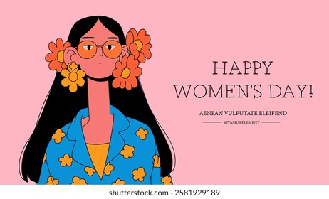 Happy Women's Day greeting card with girl and flowers. Vector illustration.