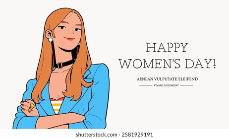 Happy Women's Day greeting card with girl and flowers. Vector illustration.