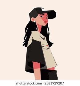 Happy Women's Day greeting card with girl and flowers. Vector illustration.