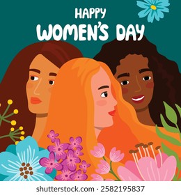 Happy Women's Day greeting card with faces and floral composition. Cartoon background with girls heads  of different nationalities. Female characters surrounded by flowers. Flat color illustration.