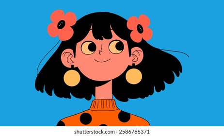 Happy Women's Day greeting card with girl and flowers. Vector illustration.