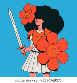 Happy Women's Day greeting card with girl and flowers. Vector illustration.