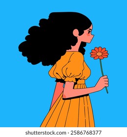 Happy Women's Day greeting card with girl and flowers. Vector illustration.