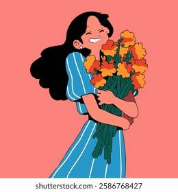 Happy Women's Day greeting card with girl and flowers. Vector illustration.