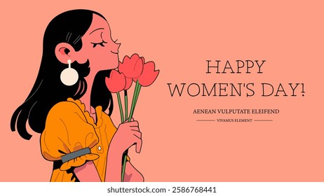 Happy Women's Day greeting card with girl and flowers. Vector illustration.