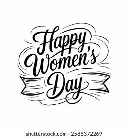 Happy Women's Day greeting card. Hand drawn vector line calligraphy with swooshes. Happy Womens Day elegant lettering banner. Template for a poster, cards, banner isolated with a  white background.