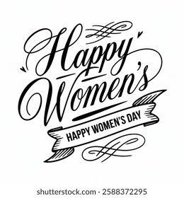 Happy Women's Day greeting card. Hand drawn vector line calligraphy with swooshes. Happy Womens Day elegant lettering banner. Template for a poster, cards, banner isolated with a  white background.