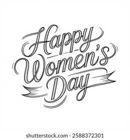 Happy Women's Day greeting card. Hand drawn vector line calligraphy with swooshes. Happy Womens Day elegant lettering banner. Template for a poster, cards, banner isolated with a  white background.