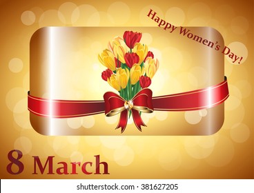 Happy Women's Day greeting card image. 8 March, International Women's Day image with flowers: crocuses and tulips.