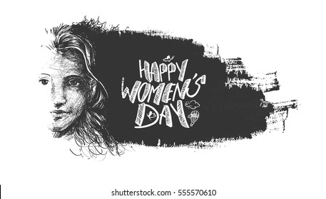 Happy Women's Day greeting card design. Hand Drawn Sketch Vector illustration.