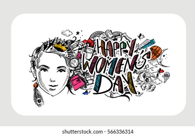 Happy Women's Day greeting card design. Hand Drawn Sketch Vector illustration.