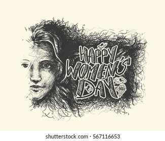 Happy Women's Day greeting card design. Hand Drawn Sketch Vector illustration.