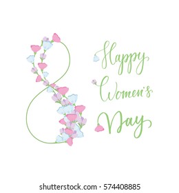 Happy Women's Day greeting card with flowers and petals. Calligraphy sign.